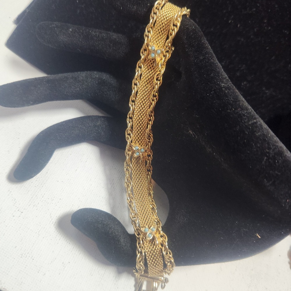 Vintage Gold Tone Mesh and Rope Chain Bracelet Blue Stone Accents 6.25 Inch